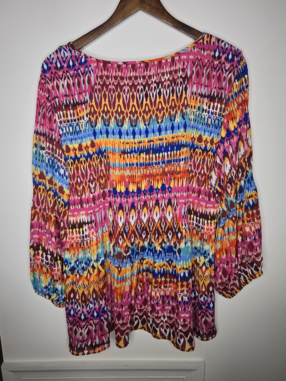 NWT Ninety Clothing Multi Color Geometric Ikat Print Pleated Boho Blouse 2X - Picture 7 of 16